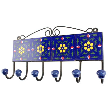 Navy Blue And Yellow Tiny Flower Ceramic Tiles Hook 